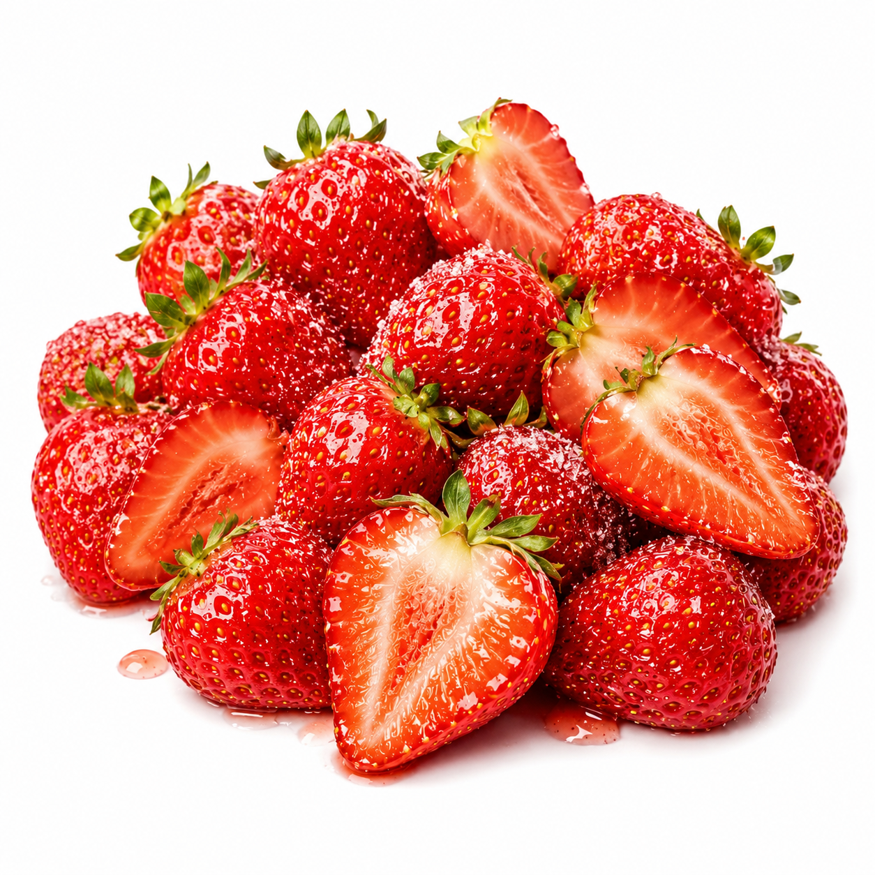 A pile of fresh red strawberries, including whole and halved pieces, glistening with water on a clean white background.