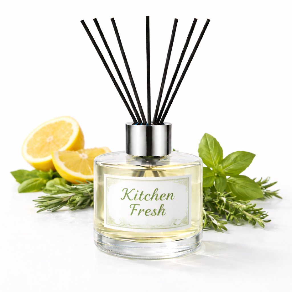 Diffuser with 'Kitchen Fresh' label surrounded by lemons and herbs on a white background