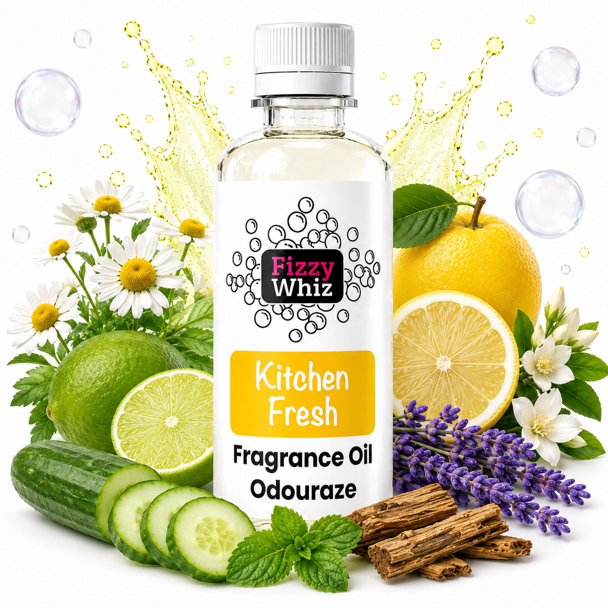A bottle of Fizzy Whiz Kitchen Fresh Fragrance Oil surrounded by fresh ingredients like cucumbers, limes, lemons, lavender, mint, and cinnamon sticks on a white background with decorative bubbles and splash graphics.