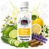 A bottle of Fizzy Whiz Kitchen Fresh Fragrance Oil surrounded by fresh ingredients like cucumbers, limes, lemons, lavender, mint, and cinnamon sticks on a white background with decorative bubbles and splash graphics.