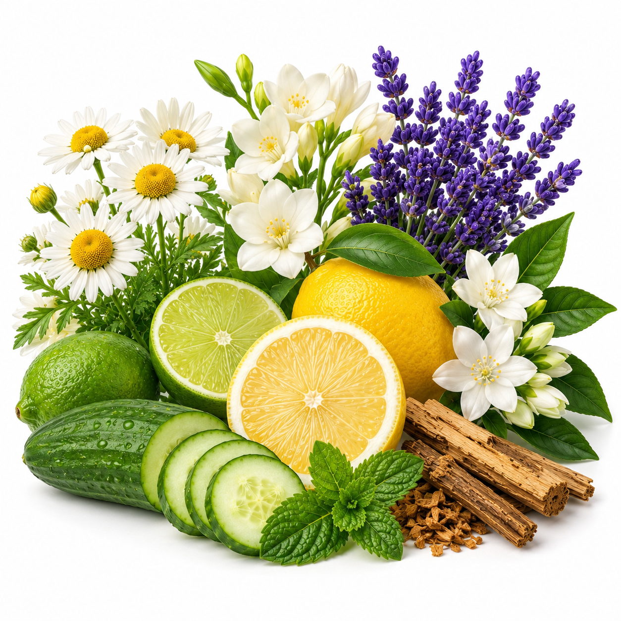 A styled botanical arrangement of whole and sliced citrus fruits, cucumbers, mint leaves, purple lavender flowers, white daisies, and cinnamon sticks on a clean white background.