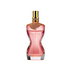 Pink glass perfume-style bottle with a curvy silhouette and gold spray top, shown upright on a light background.