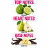 A fragrance notes graphic on a white background with pink text reading TOP NOTES, HEART NOTES, and BASE NOTES. Top notes show a green bergamot fruit and half a lime with the label Bergamot.