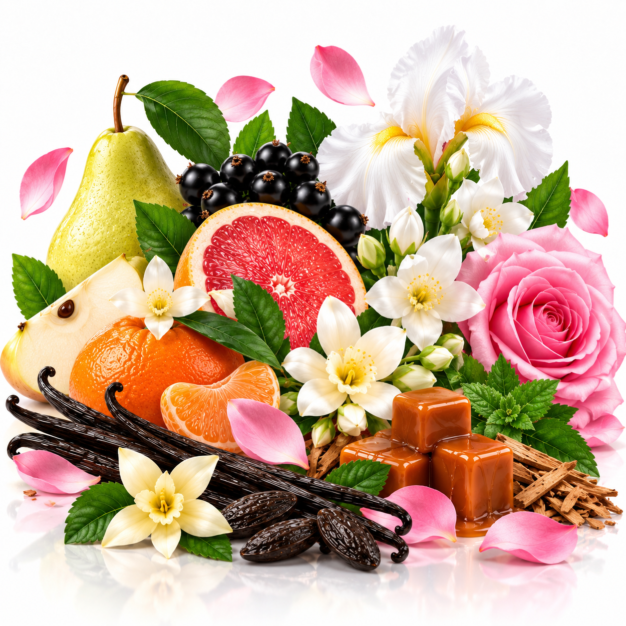 A colorful still life arrangement of food and flowers on a white background, including a pear, grapefruit half, orange segments, blackberries, vanilla beans, caramel cubes, cinnamon sticks, pink and white flowers, and green leaves.