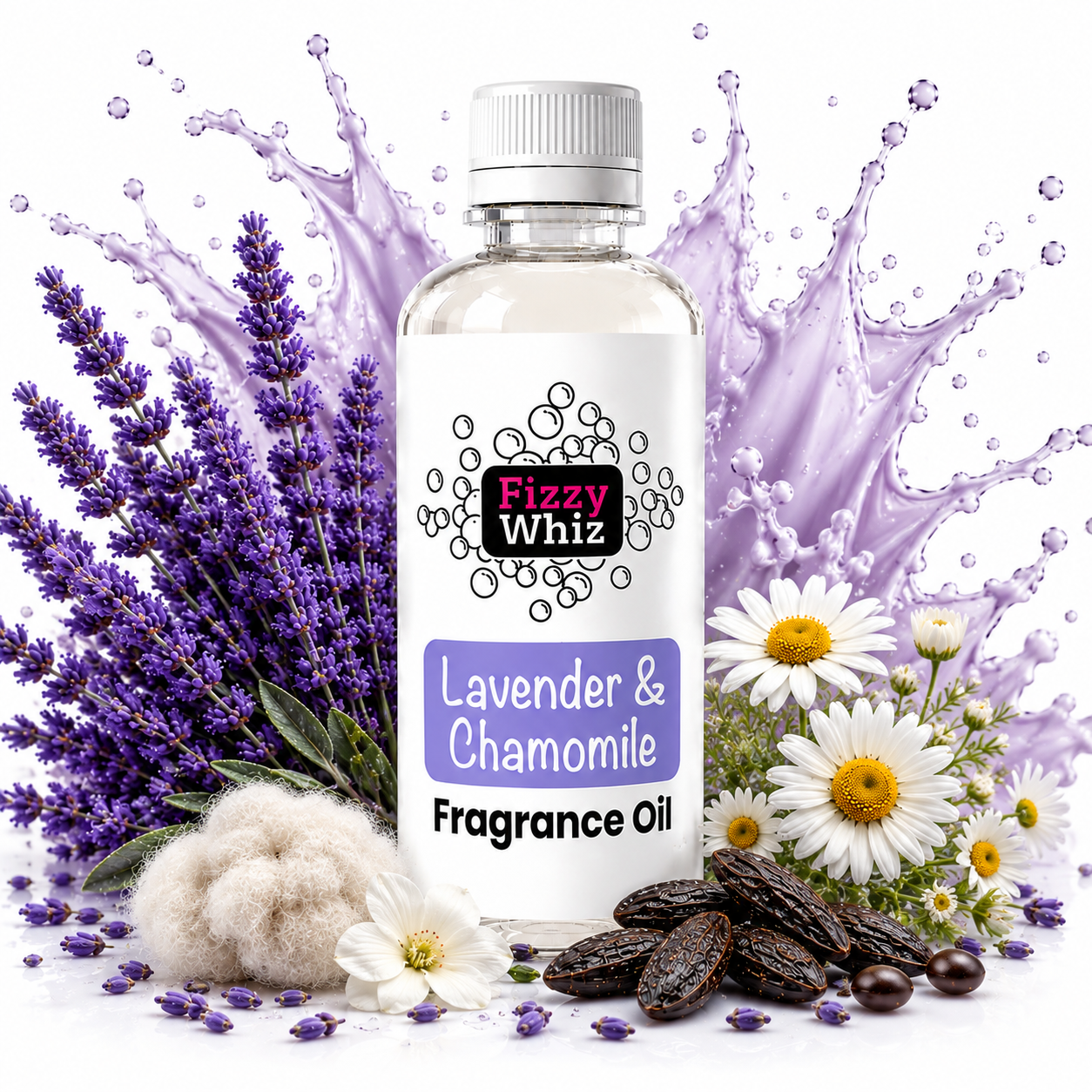 A bottle of Fizzy Whiz Lavender & Chamomile Fragrance Oil centered against a white background with lavender sprigs, chamomile flowers, cotton bolls, and a purple liquid splash graphic.