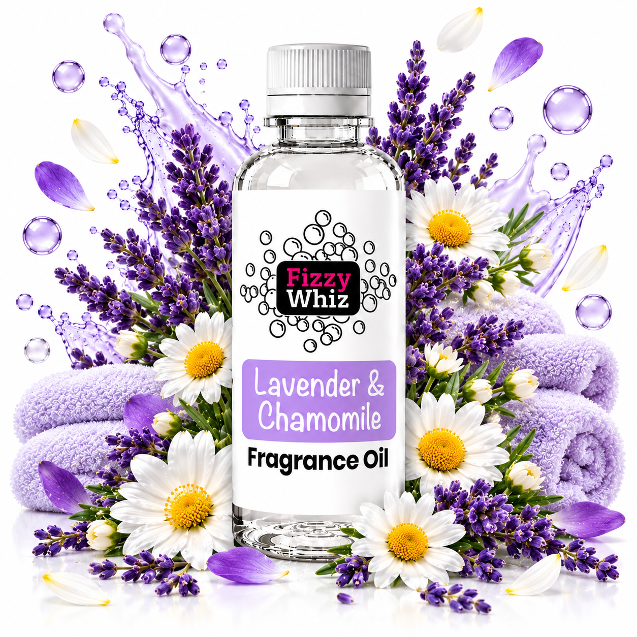 A bottle of Fizzy Whiz Lavender & Chamomile Fragrance Oil centered on a white background, surrounded by lavender sprigs, chamomile flowers, purple petals, rolled lavender towels, and decorative liquid splash graphics.