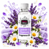 A bottle of Fizzy Whiz Lavender & Chamomile Fragrance Oil centered on a white background, surrounded by lavender sprigs, chamomile flowers, purple petals, rolled lavender towels, and decorative liquid splash graphics.