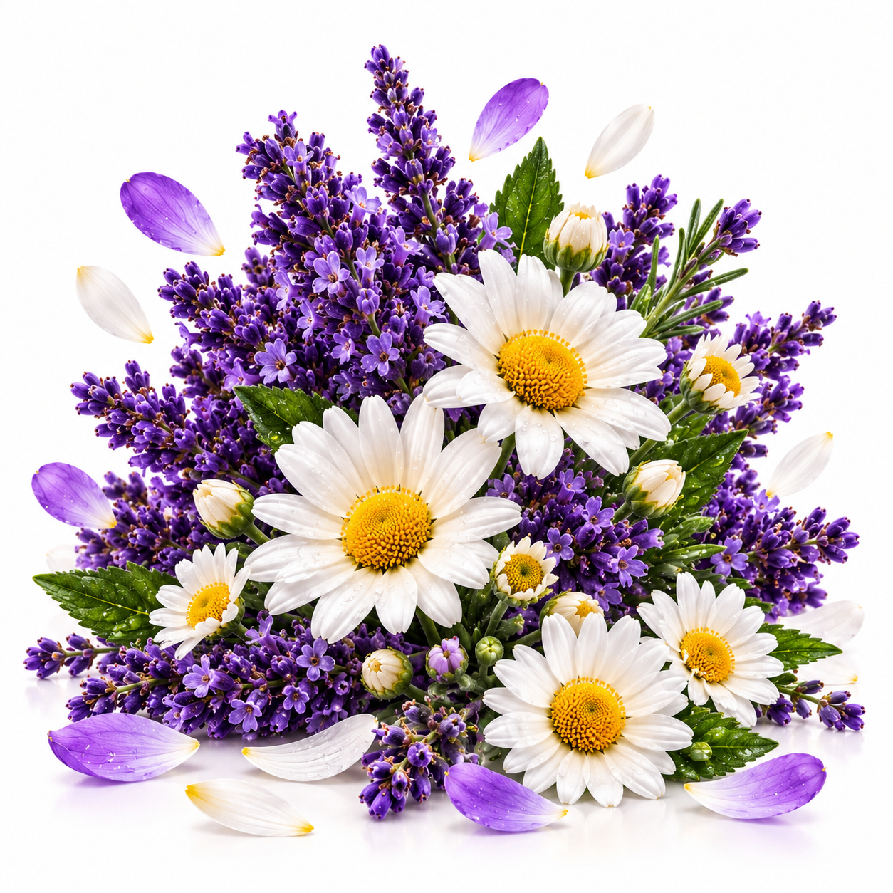 A vibrant floral arrangement featuring white daisies with yellow centers, purple lavender sprigs, green leaves, and scattered purple flower petals on a clean white background.