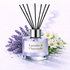 Diffuser with lavender and chamomile theme, surrounded by lavender flowers and daisies on a white background.