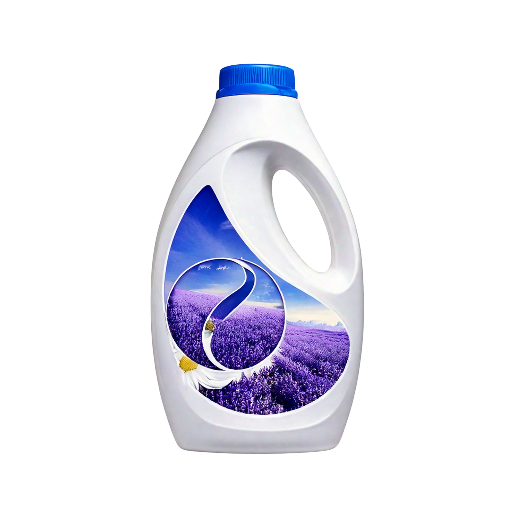 Light lavender plastic laundry-style bottle with a blue cap and integrated handle, featuring a central label showing a lavender field and flowing ribbon graphic, displayed on a plain light background.