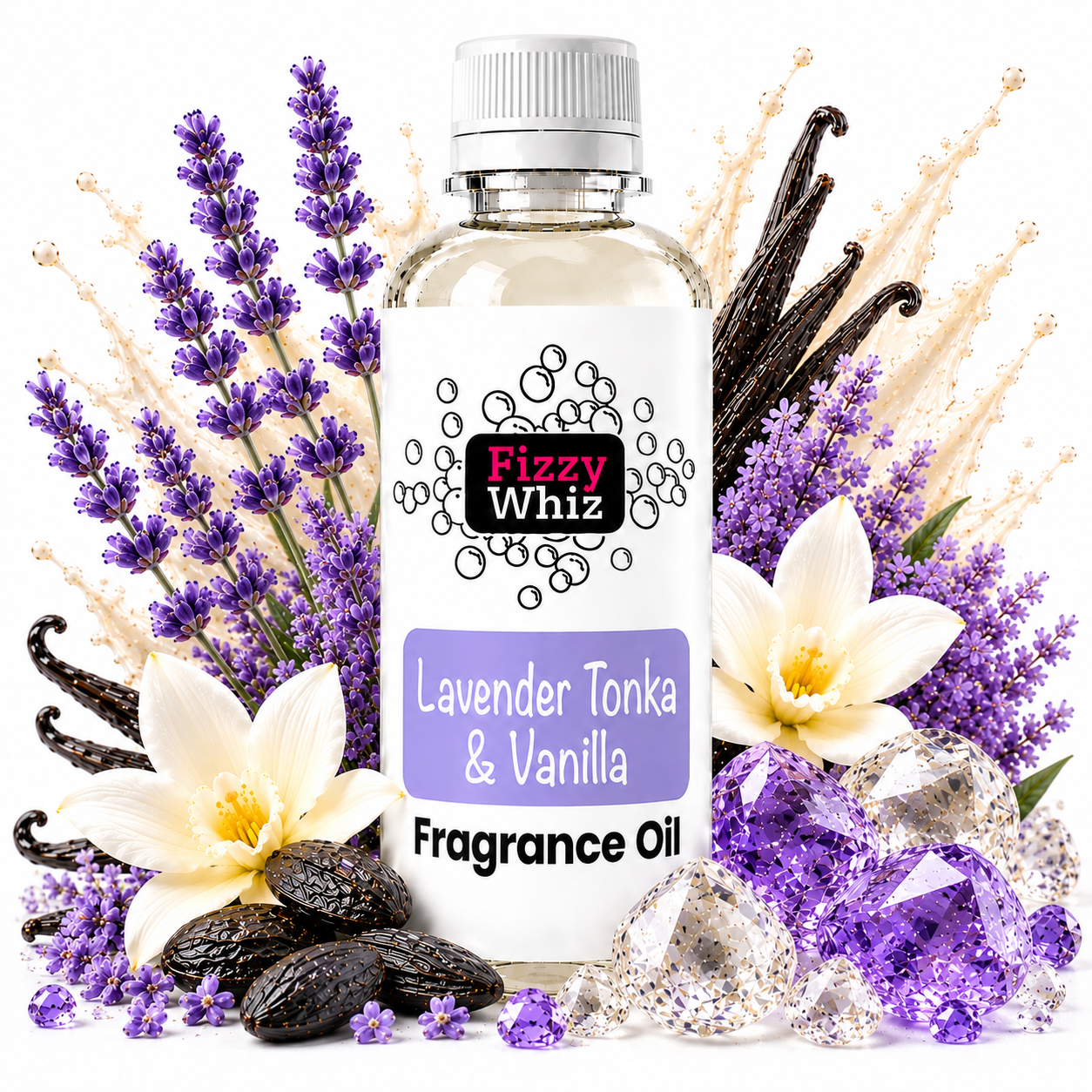 A bottle of Fizzy Whiz Lavender Tonka & Vanilla Fragrance Oil, surrounded by decorative lavender sprigs, vanilla beans, white flowers, and purple crystals on a white background.