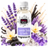 A bottle of Fizzy Whiz Lavender Tonka & Vanilla Fragrance Oil, surrounded by decorative lavender sprigs, vanilla beans, white flowers, and purple crystals on a white background.
