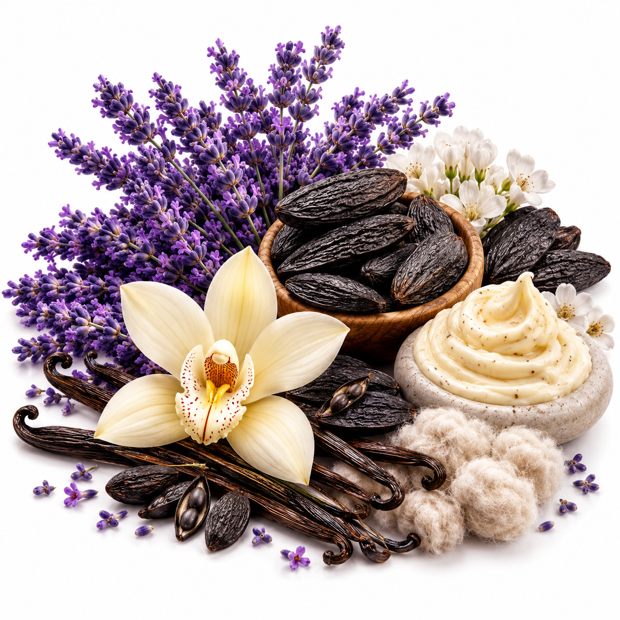 A styled botanical arrangement on a white background featuring purple lavender sprigs, dark vanilla beans, cream-colored vanilla blossoms, a pale yellow orchid flower, vanilla pods, fluffy beige cotton, and a swirl of pale cream cosmetic cream in a stone dish.