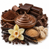 A styled arrangement of chocolate ingredients and finished chocolate products on a white background, including dark chocolate bars, chopped chocolate, a bowl of smooth chocolate spread, cocoa powder, brown sugar, vanilla beans, chocolate chips, and a pale orchid flower.