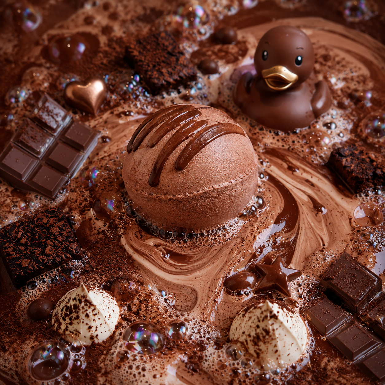 A close-up of a rich chocolate dessert spread with a large scoop of chocolate ice cream or gelato in the center, drizzled with chocolate sauce. Surrounding it are chocolate chunks, cocoa powder, small mounds of cream with chocolate sprinkles, iridescent bubbles, and a small chocolate duck toy.