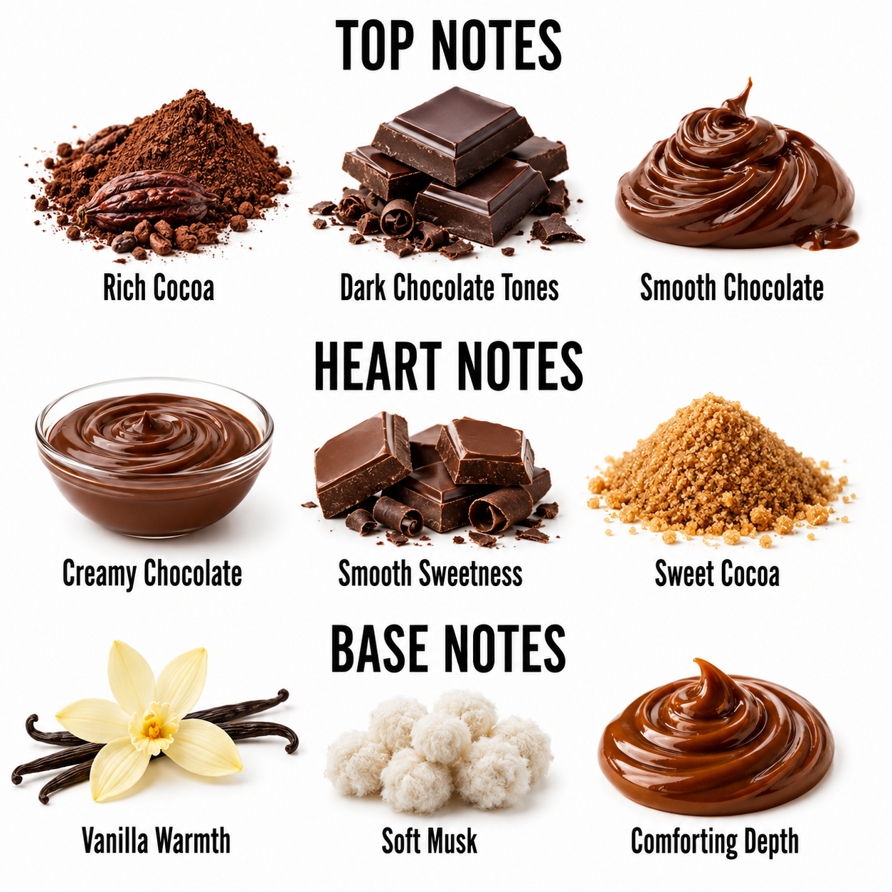A product-focused graphic showing chocolate and cocoa flavor notes arranged in a grid on a white background, with headings 'TOP NOTES', 'HEART NOTES', and 'BASE NOTES' and labels including Rich Cocoa, Dark Chocolate Tones, Smooth Chocolate, Creamy Chocolate, Sweet Cocoa, Vanilla Warmth, Soft Musk, and Comforting Depth.