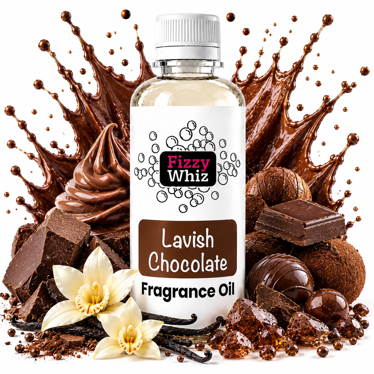 A bottle of Fizzy Whiz Lavish Chocolate Fragrance Oil centered against a white background, surrounded by chocolate splashes, chocolate pieces, vanilla flowers, and vanilla beans. The bottle has a white cap and a white label with brown and black text.