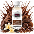 A bottle of Fizzy Whiz Lavish Chocolate Fragrance Oil centered against a white background, surrounded by chocolate splashes, chocolate pieces, vanilla flowers, and vanilla beans. The bottle has a white cap and a white label with brown and black text.