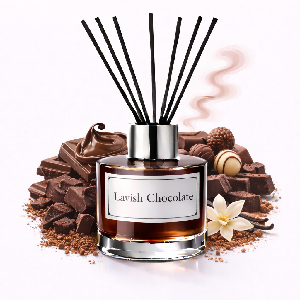 Reed diffuser labeled 'Lavish Chocolate' surrounded by chocolate-themed decor on a white background