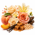A styled arrangement of peach and apricot flowers, vanilla beans, caramel cubes, and pearl beads on a clean white background.