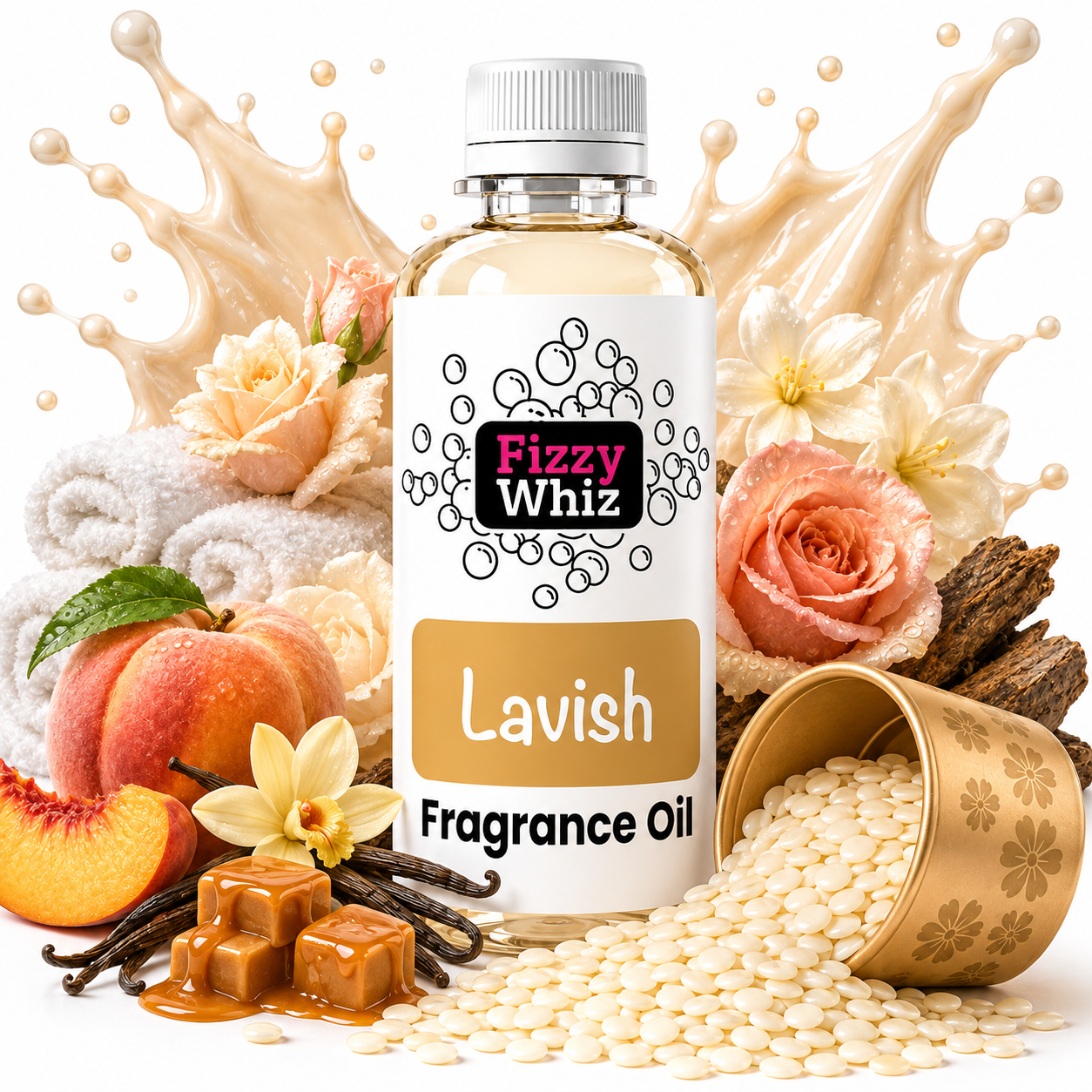 A bottle of Fizzy Whiz Lavish Fragrance Oil centered on a white background, surrounded by peach slices, roses, vanilla beans, caramel cubes, and spilled fragrance beads, with a beige splash graphic behind it.