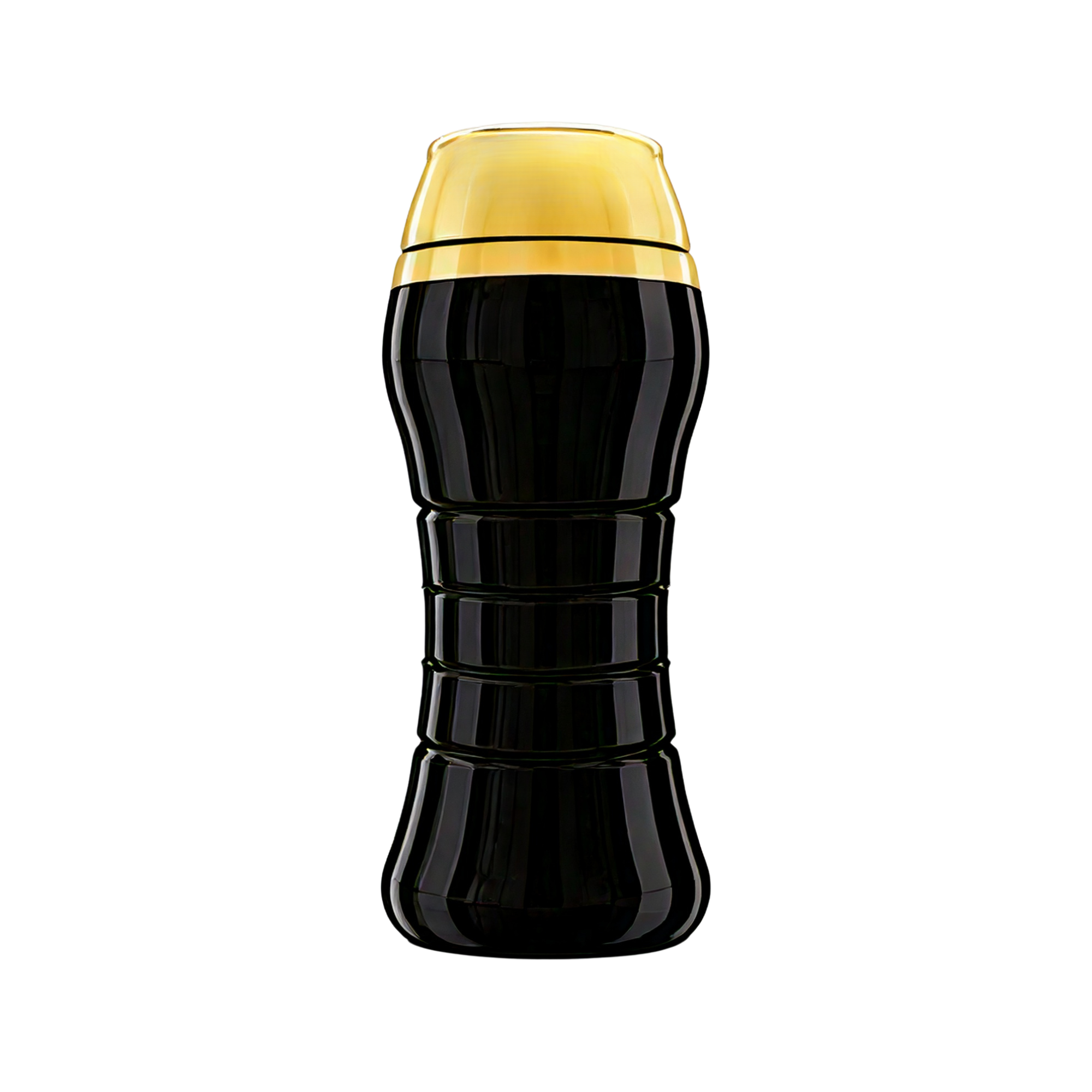 Black contoured plastic bottle with amber flip-top cap, shown upright on a light background.
