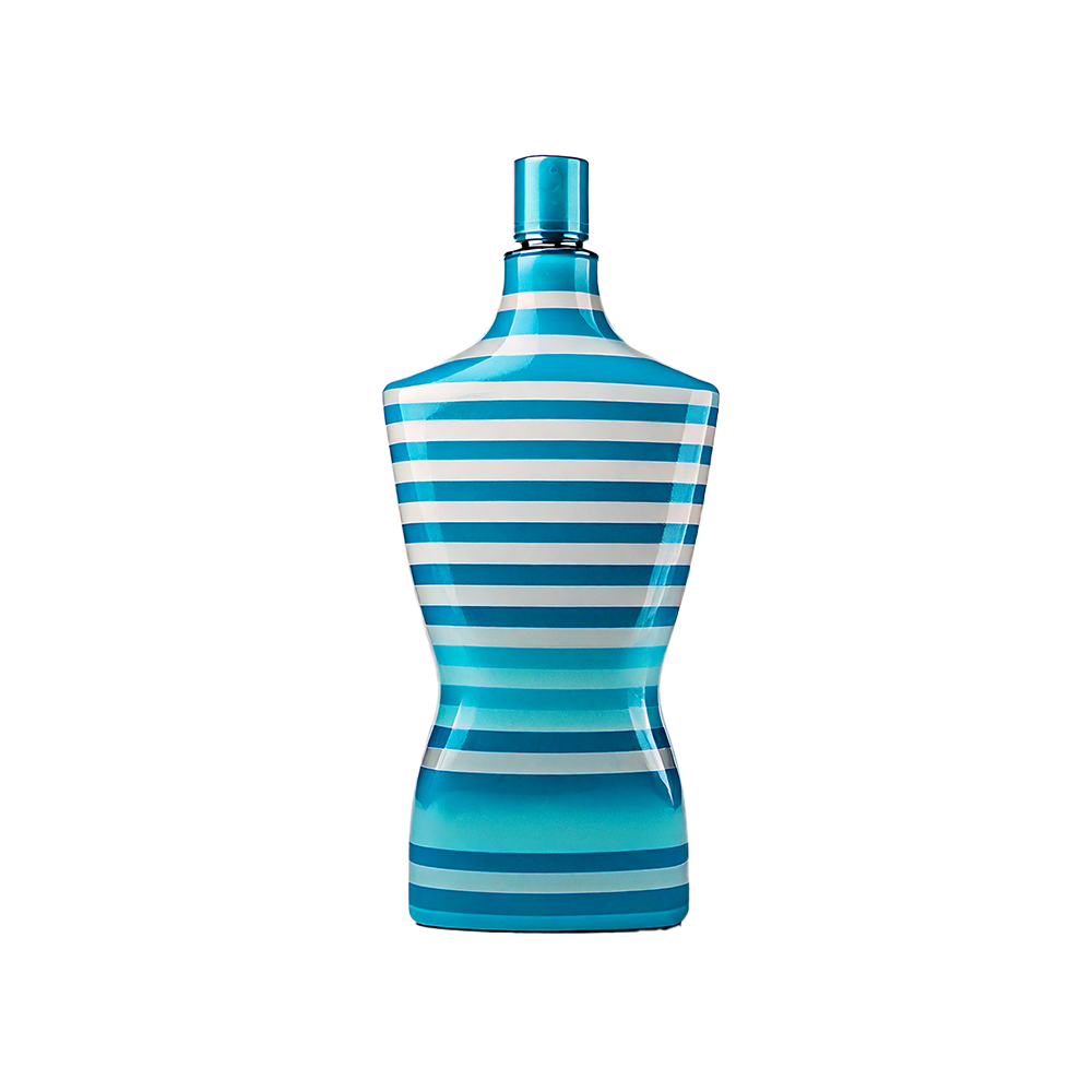 Blue striped male torso–shaped fragrance bottle with a fitted waist design, shown upright on a light background.
