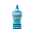 Blue striped male torso–shaped fragrance bottle with a fitted waist design, shown upright on a light background.