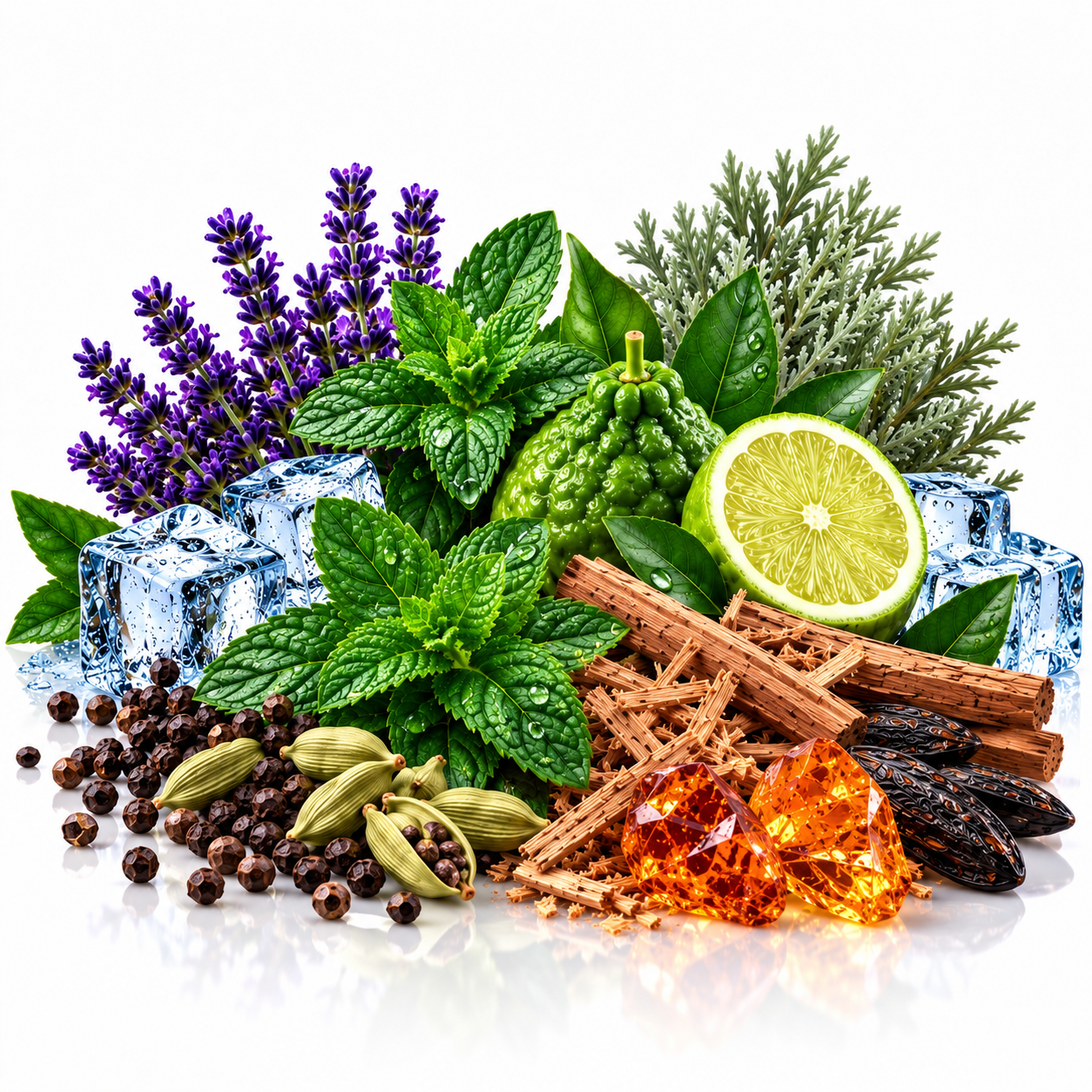 A styled arrangement of natural ingredients and herbs on a white reflective surface, including purple lavender flowers, green mint leaves, a lime half, cinnamon sticks, cardamom pods, black peppercorns, dried dates, and blue ice cubes. No packaging or human elements are present.
