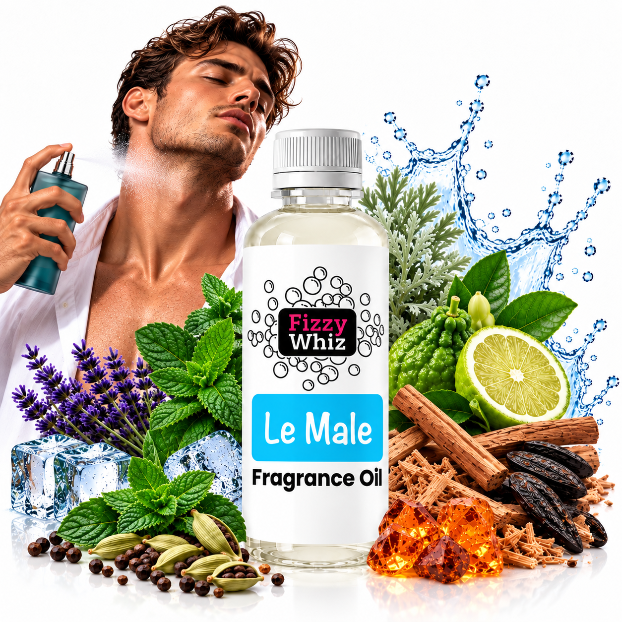 A bottle of Fizzy Whiz 'Le Male' fragrance oil is centered, surrounded by its scent ingredients including mint, lavender, cinnamon, citrus, and ice, with a man spraying the fragrance oil on the left.