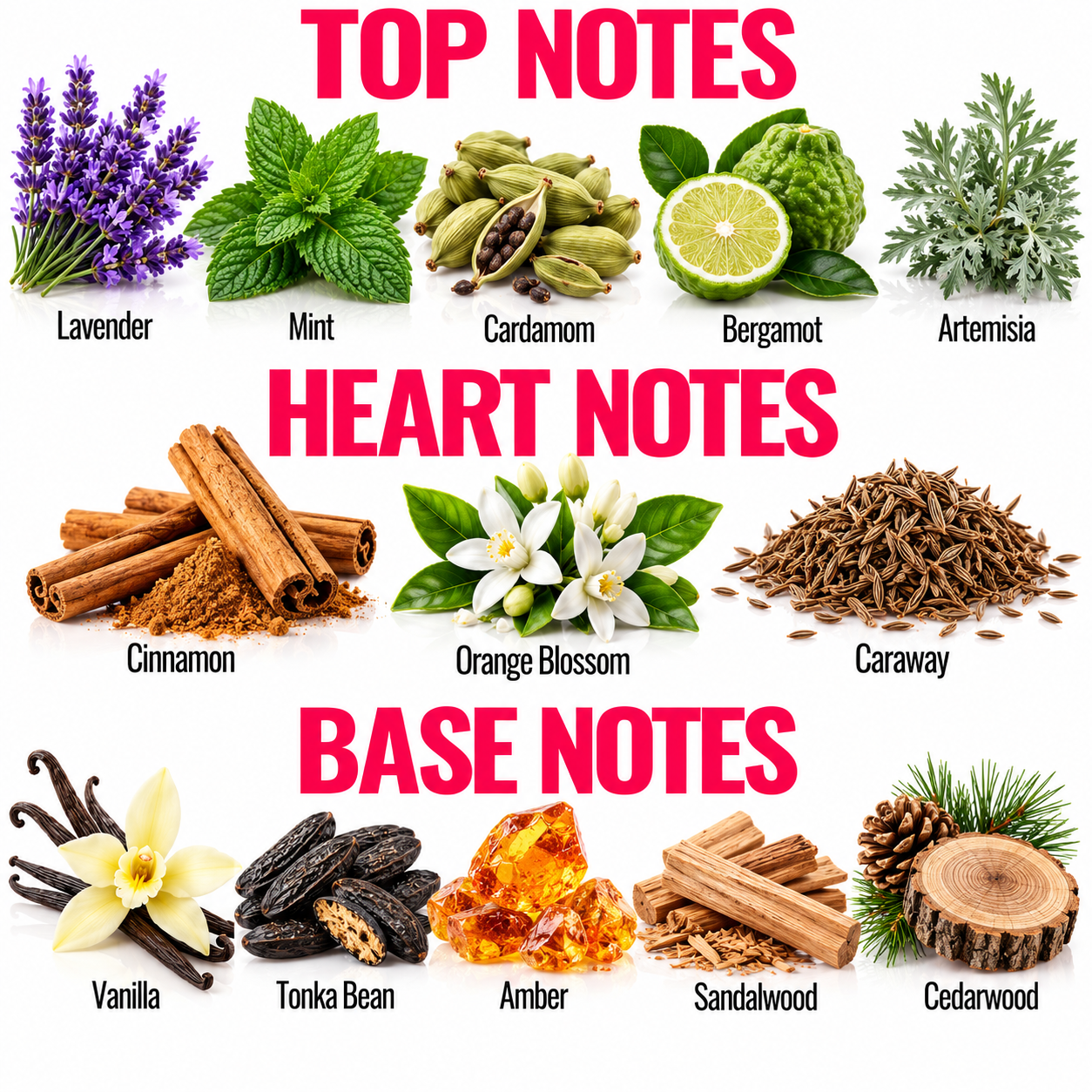 An educational fragrance composition chart titled 'TOP NOTES', 'HEART NOTES', and 'BASE NOTES' showing botanical and botanical extracts with labels: lavender, mint, cardamom, bergamot, artemisia, cinnamon, orange blossom, caraway, vanilla, tonka bean, amber, sandalwood, and cedarwood.