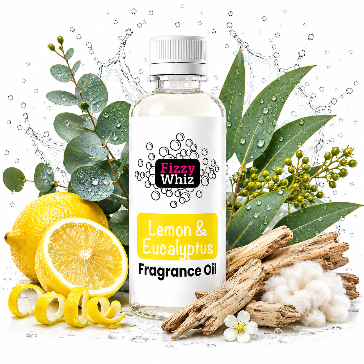 A bottle of Fizzy Whiz Lemon & Eucalyptus Fragrance Oil centered on a white background, surrounded by fresh lemon halves, eucalyptus leaves, sprigs, cotton, and a curled lemon peel with water droplets. The bottle has a white cap and a white label with green and yellow text.