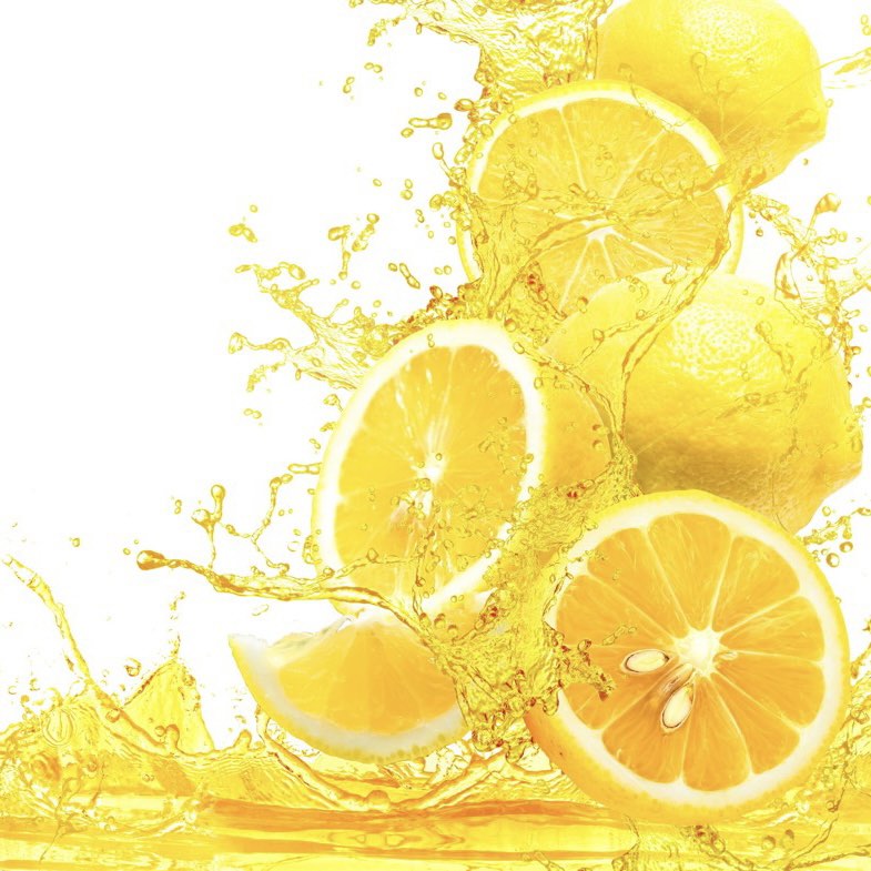 A vibrant image of sliced lemons with a splash of lemon juice, representing the freshness of the fragrance oil.