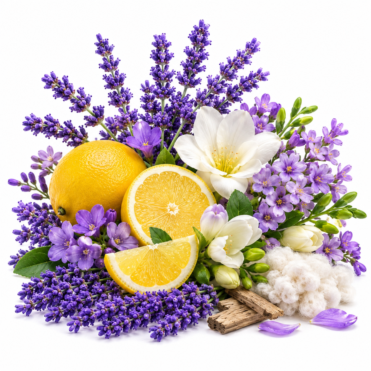 A styled botanical arrangement on a white background featuring purple lavender flowers, yellow lemons, white blossoms, green leaves, cotton bolls, and small pieces of wood.