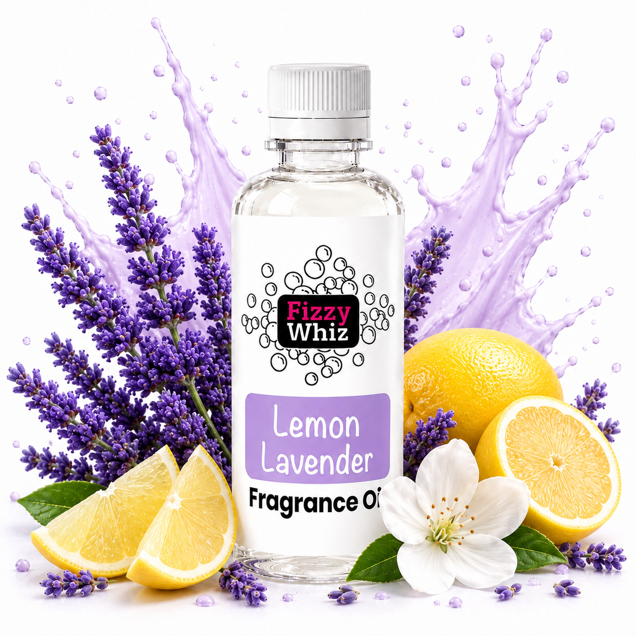 A bottle of Fizzy Whiz Lemon Lavender Fragrance Oil centered against a white background with decorative lemon slices, lavender sprigs, a white flower, and purple liquid splashes behind it.