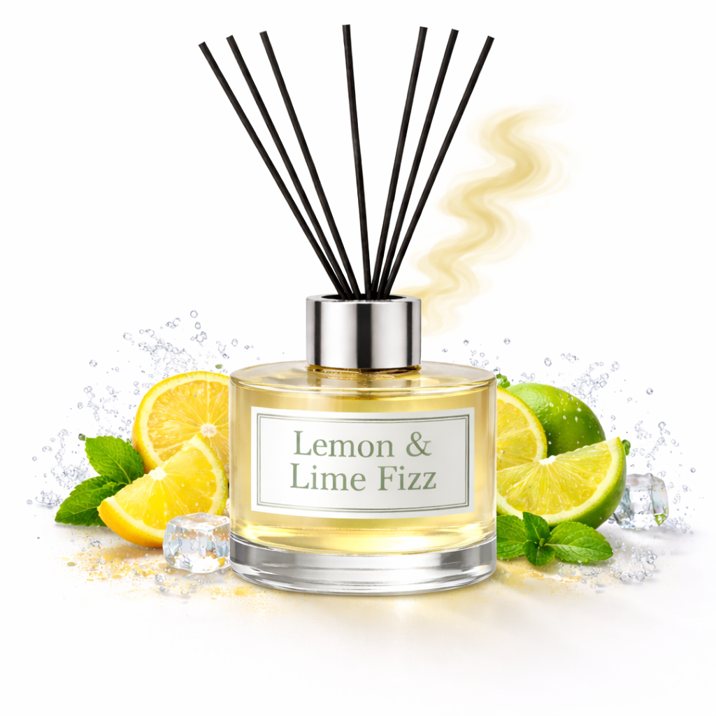 Diffuser bottle labeled 'Lemon & Lime Fizz' with lemon and lime slices on a white background
