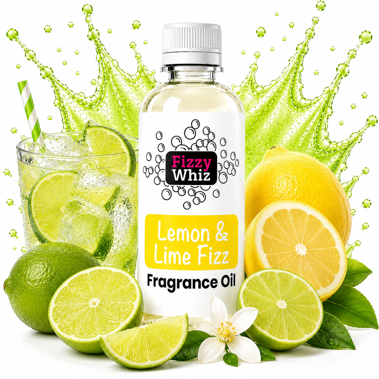 A bottle of Fizzy Whiz Lemon & Lime Fizz fragrance oil centered on a white background, surrounded by lemons, limes, ice, a striped straw, and a flower. The bottle label reads 'Fizzy Whiz' and 'Lemon & Lime Fizz Fragrance Oil.