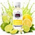 A bottle of Fizzy Whiz Lemon & Lime Fizz fragrance oil centered on a white background, surrounded by lemons, limes, ice, a striped straw, and a flower. The bottle label reads 'Fizzy Whiz' and 'Lemon & Lime Fizz Fragrance Oil.