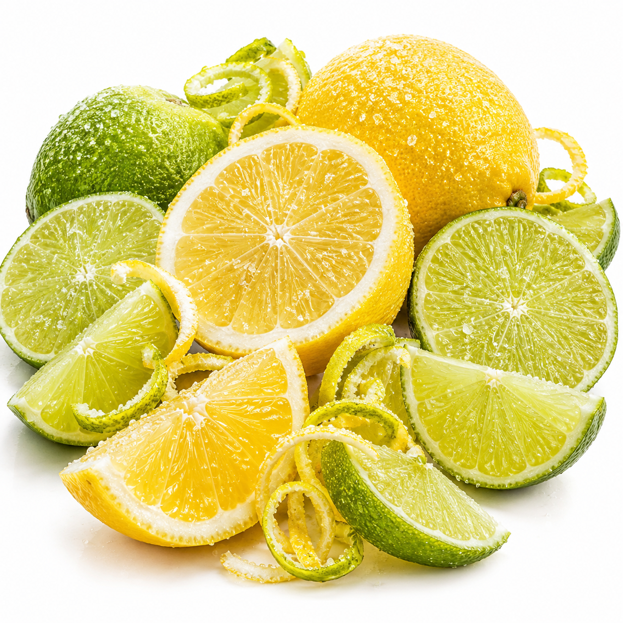 Fresh citrus fruit arrangement on a white background, including whole and sliced yellow lemons, green lime halves and wedges, and curled citrus peels.