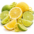 Fresh citrus fruit arrangement on a white background, including whole and sliced yellow lemons, green lime halves and wedges, and curled citrus peels.