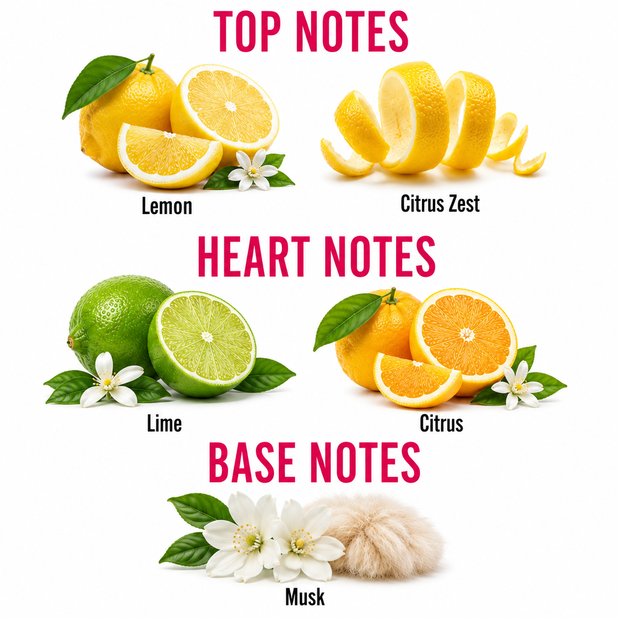 A fragrance notes graphic on a white background with pink headers reading TOP NOTES, HEART NOTES, and BASE NOTES. Top notes show lemon and citrus zest with green leaves and white flowers.