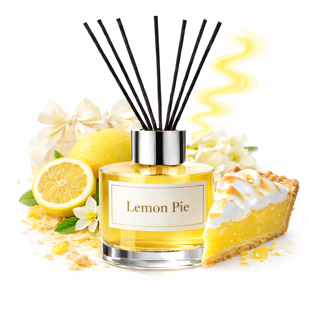 Diffuser labeled 'Lemon Pie' with lemons, pie, and flowers on a white background