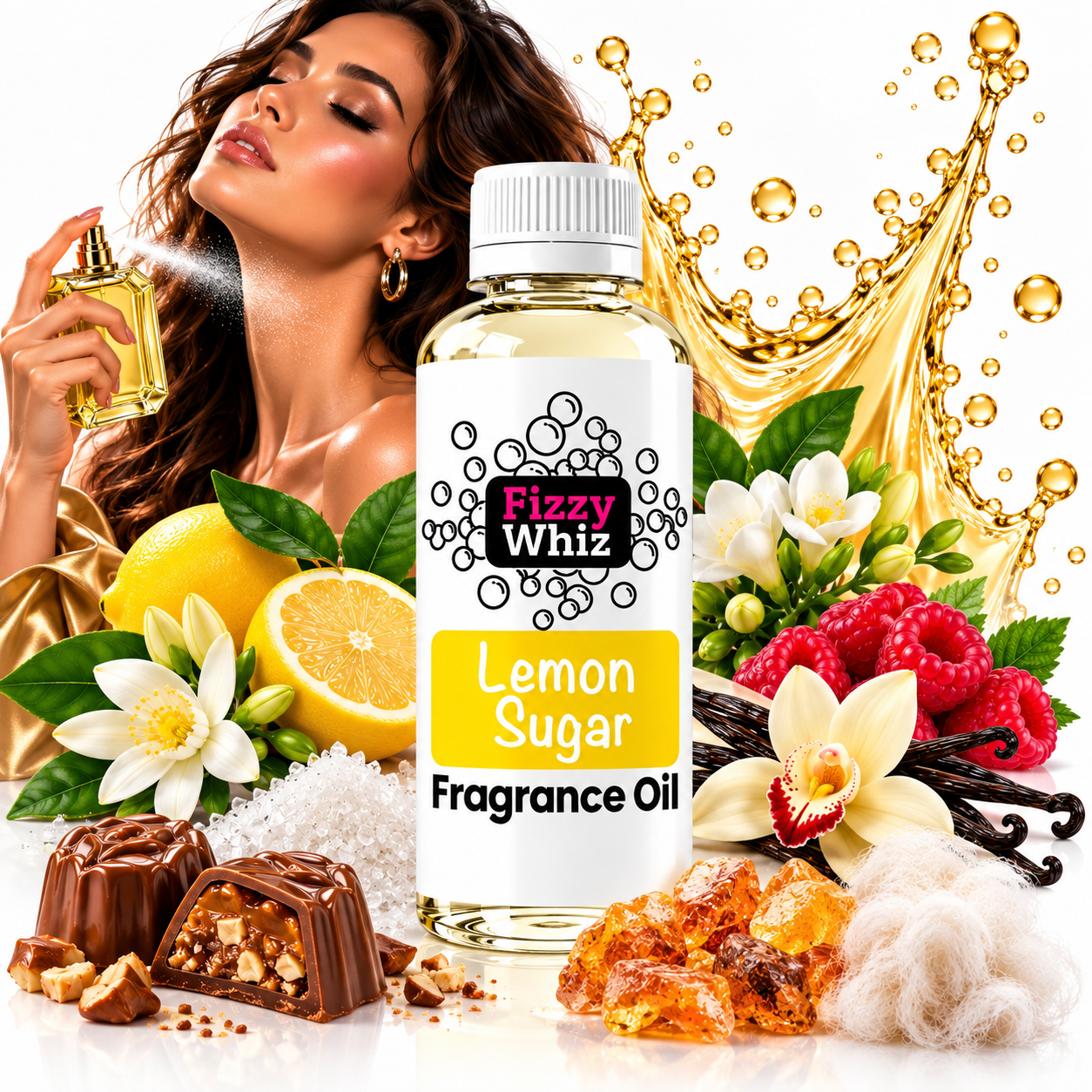 A bottle of Lizzy Whiz Lemon Sugar Fragrance Oil centered in a stylized commercial composition. The bottle is surrounded by lemon halves, white orchids, raspberries, vanilla beans, amber crystals, and chocolate pieces on a white background.
