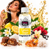 A bottle of Lizzy Whiz Lemon Sugar Fragrance Oil centered in a stylized commercial composition. The bottle is surrounded by lemon halves, white orchids, raspberries, vanilla beans, amber crystals, and chocolate pieces on a white background.