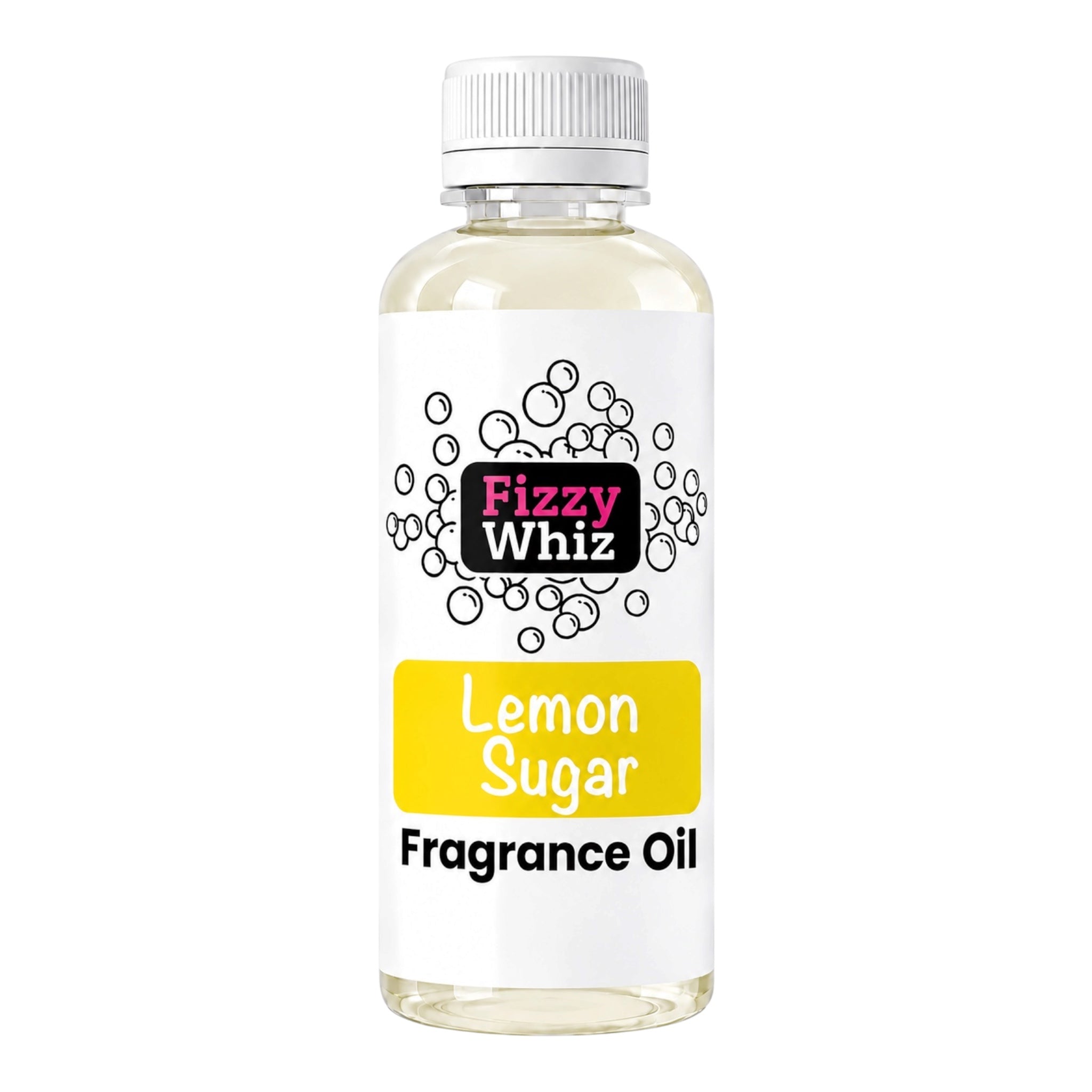 A bottle of Fizzy Whiz Lemon Sugar Fragrance Oil, featuring a white cap, clear bottle showing the oil inside, and a white label with a yellow 'Lemon Sugar' banner.