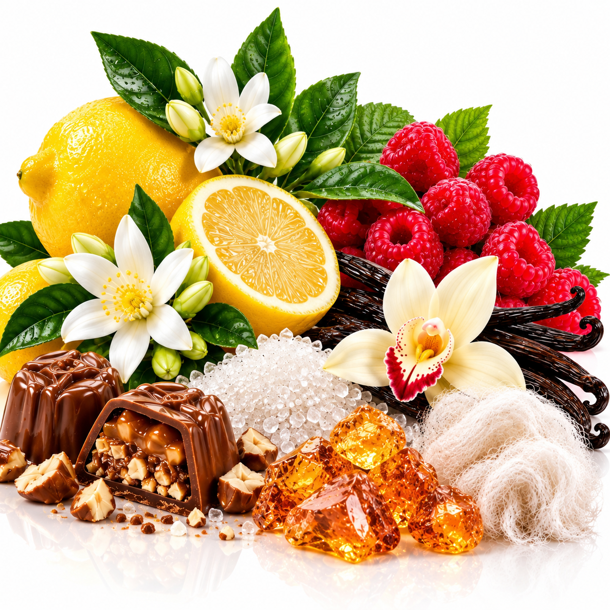 A styled product arrangement of assorted chocolates in the foreground, with amber crystals, vanilla beans, white orchids, lemon halves, raspberries, and green leaves arranged on a clean white background.