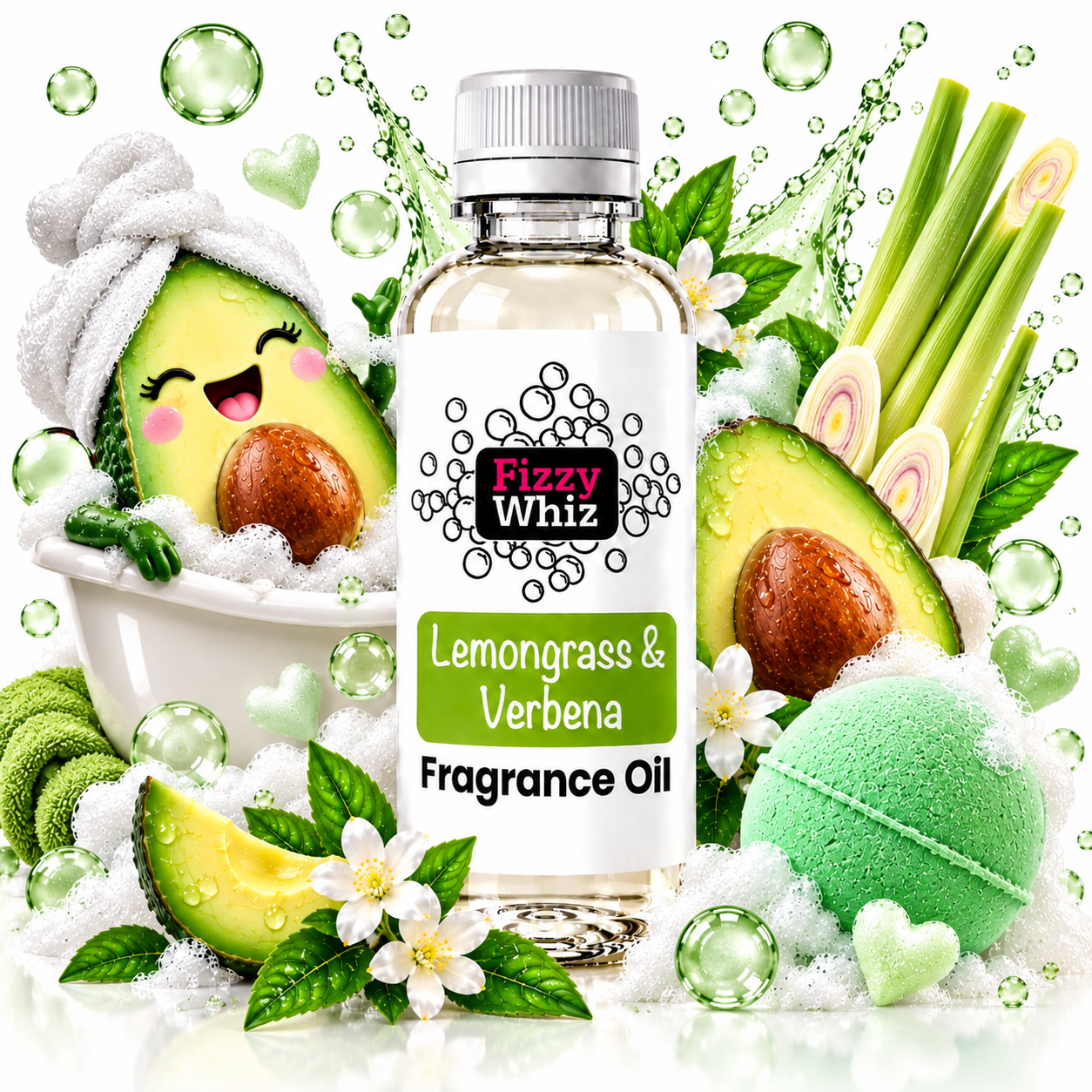 A bottle of Fizzy Whiz Lemongrass & Verbena Fragrance Oil centered on a white background, surrounded by illustrated bath/spa props including an avocado in a bubble bath, lemongrass stems, flowers, green leaves, and a green bath bomb. The product itself is a clear bottle with a white cap and white label.