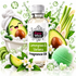 A bottle of Fizzy Whiz Lemongrass & Verbena Fragrance Oil centered on a white background, surrounded by illustrated bath/spa props including an avocado in a bubble bath, lemongrass stems, flowers, green leaves, and a green bath bomb. The product itself is a clear bottle with a white cap and white label.