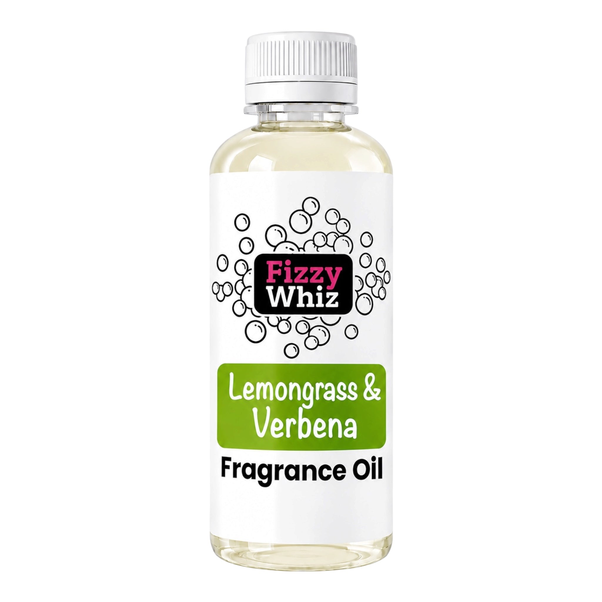 A bottle of Fizzy Whiz Lemongrass & Verbena Fragrance Oil on a solid white background. The bottle is clear glass showing the pale yellow oil inside, topped with a white ribbed cap and a white label with black and green text.