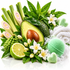 A styled botanical product arrangement featuring a halved avocado, lime, lemongrass, white flowers, green leaves, and light green bath items including a bath bomb, heart-shaped sponge, and folded towel on a white background.